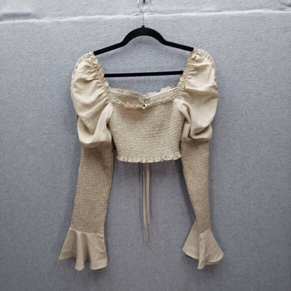 Vintage-Inspired Beige Smocked Long Sleeve Crop Top By Vianca & Miss Lola - Picture 6 of 6